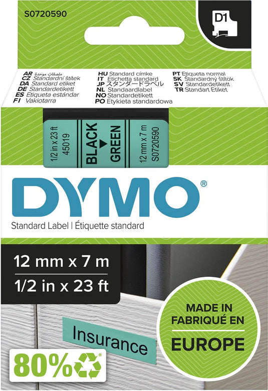 Dymo originele d1 labels | zwarte tekst op groen label | 12 mm x 7 m | zelfklevende etiketten voor de labelmanager labelprinter | gemaakt in europa