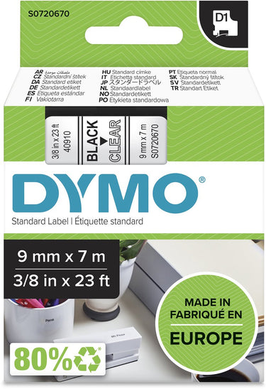 Dymo tapes d1 polyester 9mmx7m zwart-tranpsarant glanzend