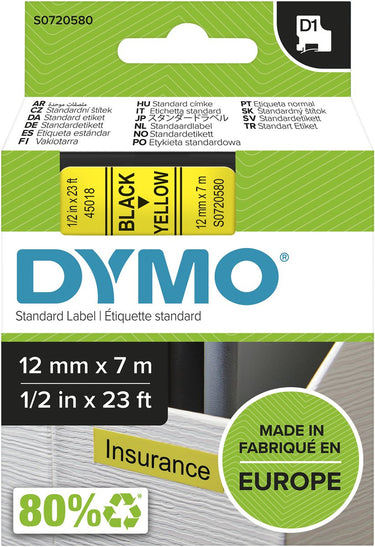 Dymo tapes d1 polyester 12mmx7m zwart-geel glanzend
