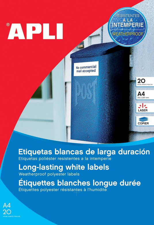 Apli weerbestendige etiketten formaat 210 x 297 mm (b x h) 20 stuks 1 per blad doos van 20 blad