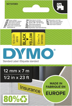 Dymo originele d1 labels | zwarte tekst op geel label | 12 mm x 7 m | zelfklevende etiketten voor de labelmanager labelprinter | gemaakt in europa