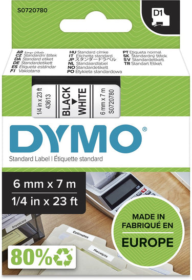 Dymo tapes 43613 polyester zwart-wit 6mmx7m glanzend