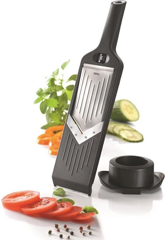 Gefu violi v-mandoline 32,3 cm – instelbaar 1-5 mm – japans messenstaal – zwart
