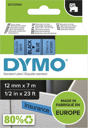 Dymo originele d1 labels | zwarte tekst op blauw label | 12 mm x 7 m | zelfklevende etiketten voor de labelmanager labelprinter | gemaakt in europa