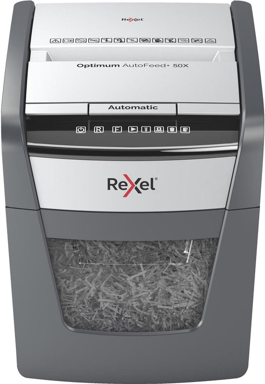Rexel optimum autofeed+ 50x fluisterstille papierversnipperaar - p4 snippers - automatische invoer tot 50 vel - 20l - zwart
