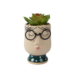 Decoris kunstplant succulent in pot met gezicht keramiek 7,8x7,2x13,5cm