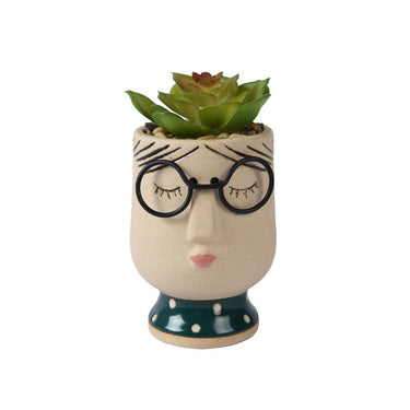 Decoris kunstplant succulent in pot met gezicht keramiek 7,8x7,2x13,5cm