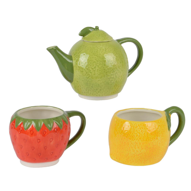Afbeelding laden in galerijviewer, Decoris theeset fruit dolomiet 16.7x10.2x24cm theepot met 2 bekers sinaassappel limoen aardbei
