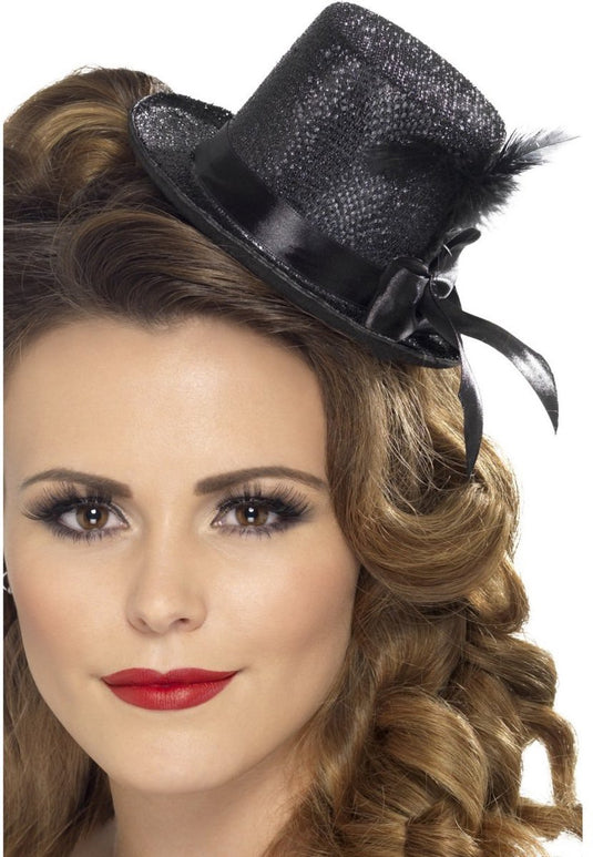 Smiffys mini hoge hoed - zwart - met veer - glitter - met elastiek - volwassenen - minihoedje - carnaval