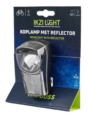 Ikzilight headlight The Boss, 1 white LED 20LUX. incl bracket and batteries (hang packaging)