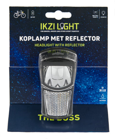 Ikzilight headlight The Boss, 1 white LED 20LUX. incl bracket and batteries (hang packaging)