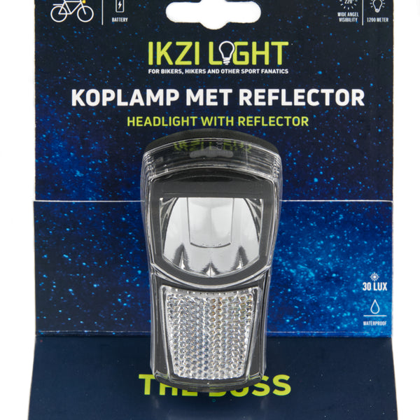 Ikzilight headlight The Boss, 1 white LED 20LUX. incl bracket and batteries (hang packaging)