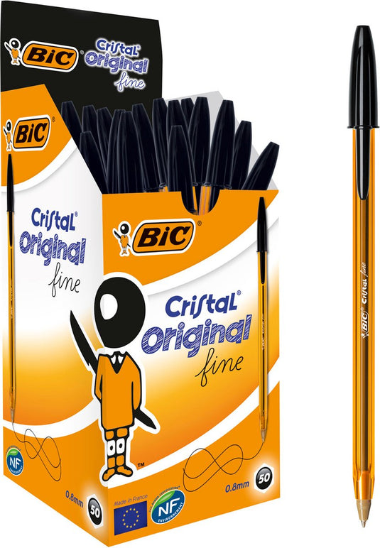 Bic cristal original fine balpennen - zwart - doos van 50 stuks - dunne punt 0.8 mm