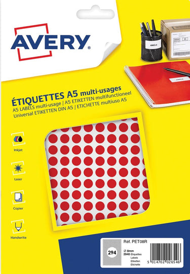Avery etiket a5 8mm rond blister 2940st rood