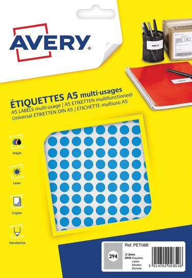 Avery etiket a5 8mm rond blister 2940st blauw