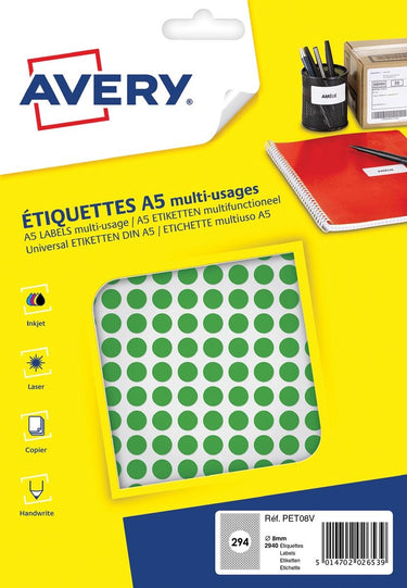 Avery etiket a5 8mm rond blister 2940st groen
