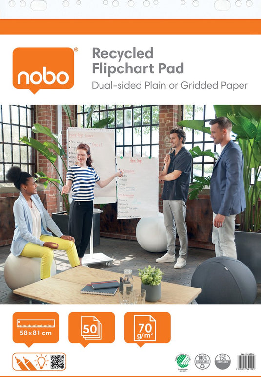 Nobo gerecycled flipover papier op rol - 50 vellen dubbelzijdig blanco of geruit papier- 58x81cm - 70 grams