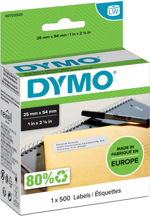 Dymo originele labelwriter adreslabels voor retouren | 25 mm x 54 mm | 500 zelfklevende etiketten| geschikt voor de labelwriter labelprinters | gemaakt in europa