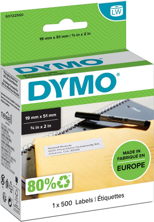 Dymo originele kleine labelwriter multifunctionele labels | 19 mm x 51 mm | 500 zelfklevende etiketten | gemakkelijk te verwijderen labels | voor de labelwriter labelprinters | gemaakt in europa