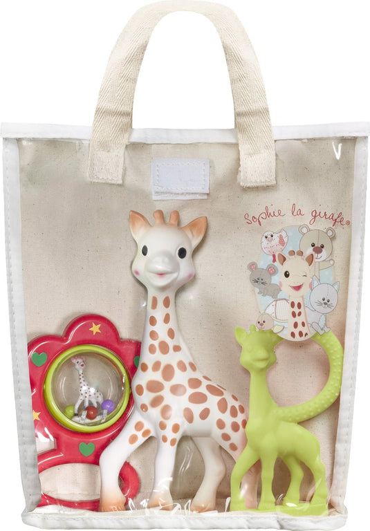 Sophie de giraf cadeauset in katoenen cadeautas - , rammelaar bijtring - kraamcadeau - babyshower cadeau - 4-delig