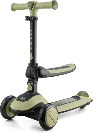 Kinderkraft halley 2-in-1 loopfiets en driewieler step - voor kinderen van 1-5 jaar, max 50 kg - verstelbaar zadel en stuur, opvouwbaar, led wielen - groen