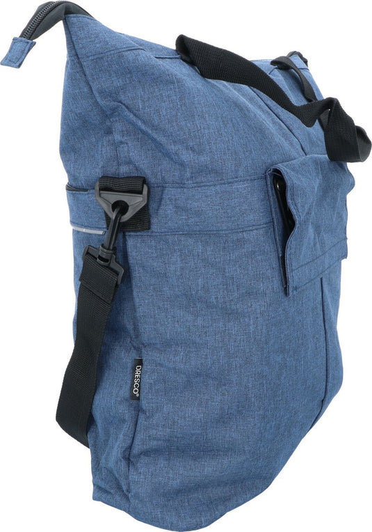 Dresco enkele fietstas blauw – 18 liter – ook als shopper of schoudertas te gebruiken - extra voorvak - spatwaterdicht polyester – 2 bevestigingshaken - verstelbare schouderriem - verstevigde bodem - reflecterende accenten - afmeting 49x45x18cm