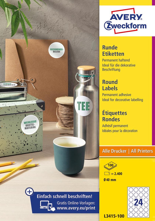 Avery zweckform etiket avery 40mm rond wit 10 vel 24 etiketten per vel