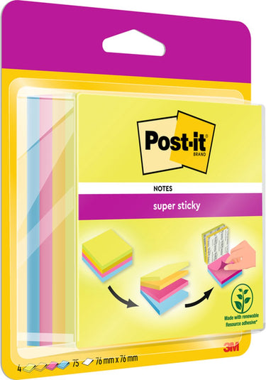 Post-it® super sticky notes, neon groen, canary yellow™, fuschia, mediteraan blauw , 76mm x76 mm, 75 blaadjes blok, 4 blokken