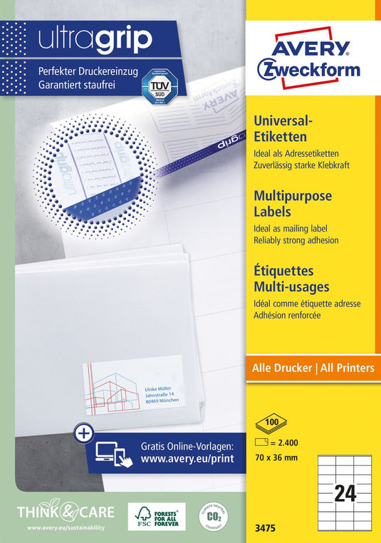 Avery 3475 witte etiketten formaat 70 x 36 mm (b x h) 2.400 stuks 24 per blad doos van 100 blad