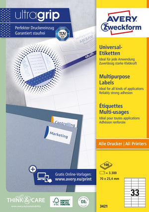 Avery universele etiketten, wit, 70,0 x 25,4 mm, permanent klevend