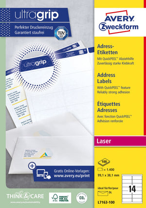 Avery gerecycleerde etiketten voor laserprinters quickpeel lr7163-100 99,1x38,1mm