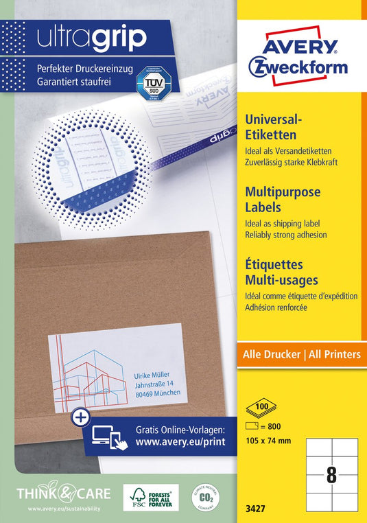 Avery universele etiketten, wit, 105,0 x 74,0 mm, permanent klevend