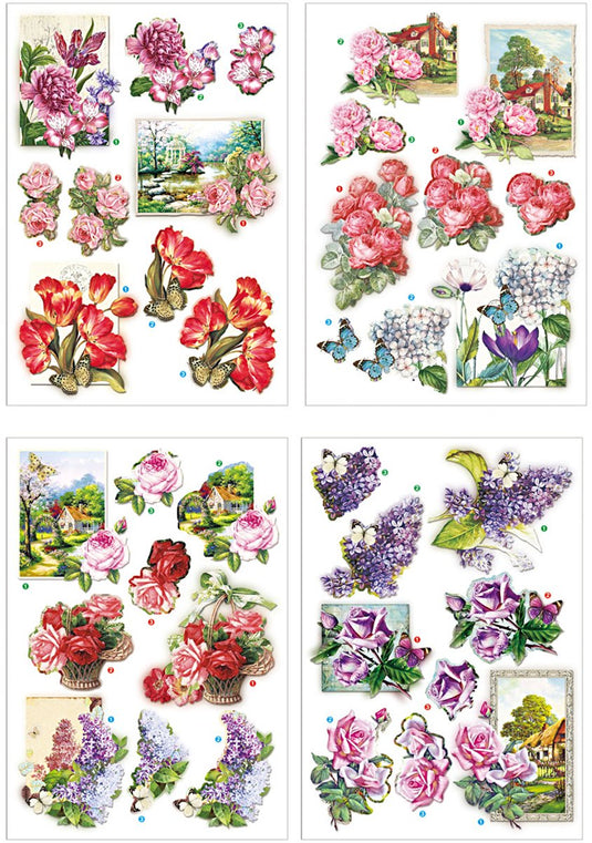 Creativ company 3d vellen - bloemen en vlinders design - scrapbooking vellen - diy knipvellen - creatieve hobbyvellen - papier vellen - kaarten maken vellen - set van 4 vellen - a4 formaat - 21x30 cm