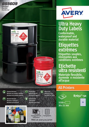 Avery etiket b7651-50 38x21mm polyester wit 3250st