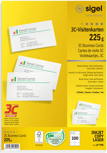 Sigel visitekaart 3c - 88x55mm - wit - 225 gram - 100 stuks - si-lp795