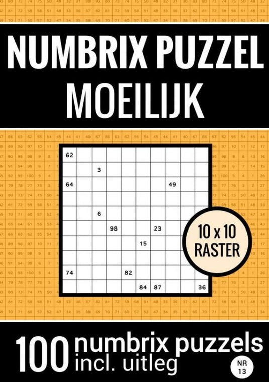 Merkloos sans marque puzzelboek met 100 numbrix puzzels voor ver gevorderden - nr.13- numbrix puzzel moeilijk
