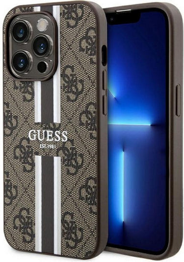 Guess 4g printed stripe back case (magsafe compatible) - geschikt voor apple iphone 15 pro max (6.7 ) - bruin