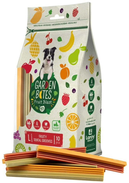 Garden bites duvoplus - fruity dental groovies hondensnacks - hondensnoepjes - vegetarisch glutenvrij - large 10st