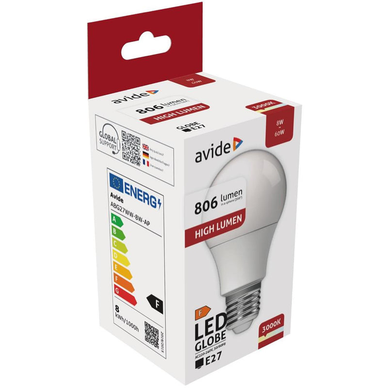 Load image into Gallery viewer, Avide led globe lampa60 8w e27 fitting 3000 kelvin warmwit 806 lumen a+
