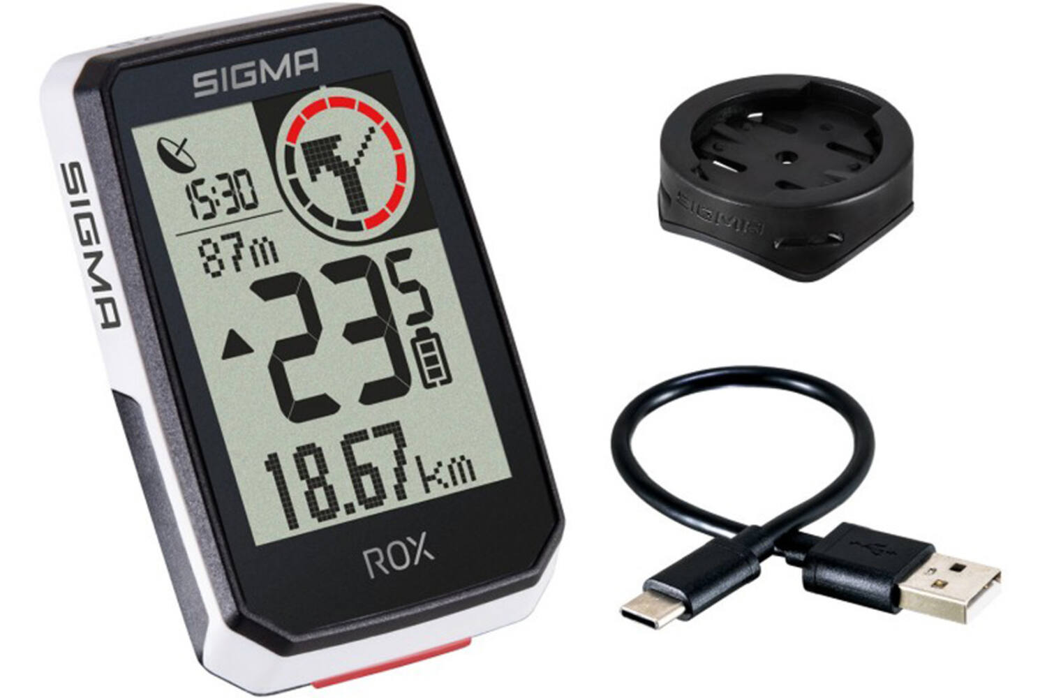 Sigma rox 2.0 gps black/white standard handlebar mount + usb-c charging cable