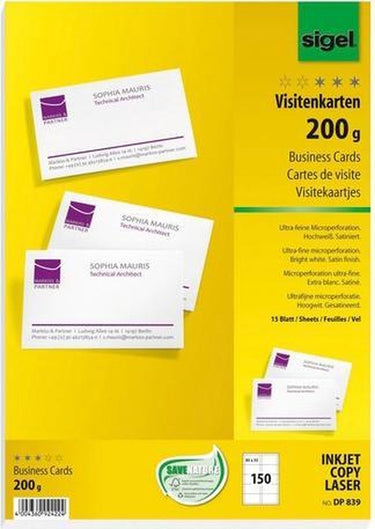 Sigel - visitekaartjes - wit - 85x55 mm - 200 gram - 150 stuks -si-dp839