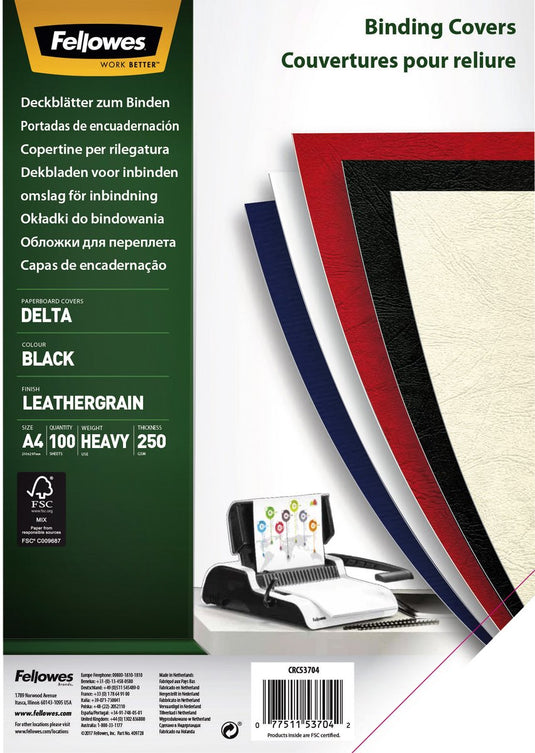 Fellowes schutbladen a4 delta lederlook zwart 100 stuks fsc