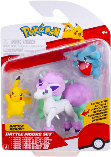 Jazwares pokémon - battle figure set (3pk: gible, pikachu #5 galarian ponyta) w26
