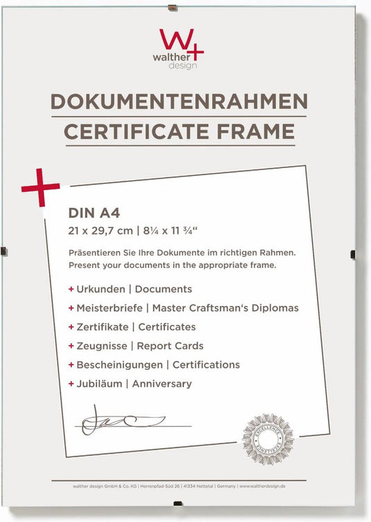 Walther fotolijstloze schilderijhouders (clip frame) - frameformaat 21x29,7 cm (din a4) - antireflecterend glas