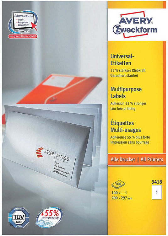 Avery universele etiketten, wit, 200,0 x 210,0 mm, permanent klevend