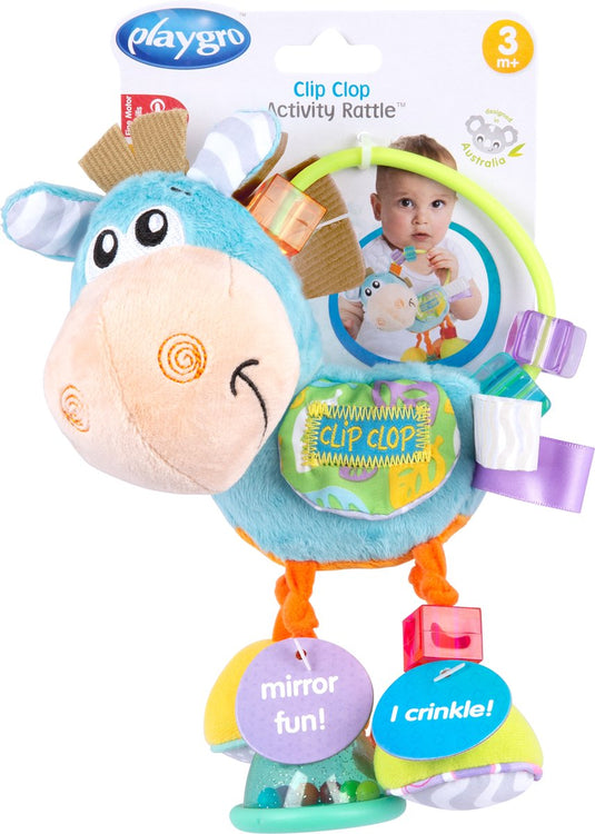 Playgro clip clop rammelaar - blauw - activiteitenspeeltje - rammelaar - kraamkado - baby speelgoed - babyspeeltje - kinderwagenaccessoire - knuffeldier - baby rammelaar - bijtspeelgoed - grijpspeelgoed - baby