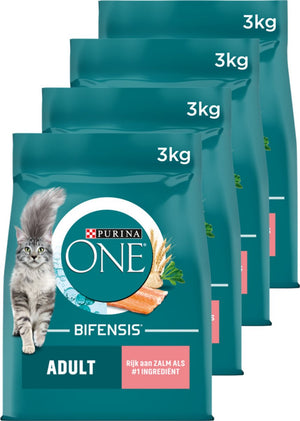Purina one purina® one® adult - kattenbrokjes - zalm volkoren granen - 4 x 3 kg