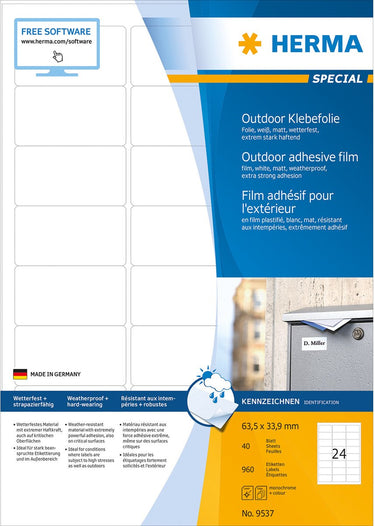 Herma 9537 etiketten (a4) 63.5 x 33.9 mm folie, mat wit 960 stuk(s) extra sterk hechtend folie-etiketten