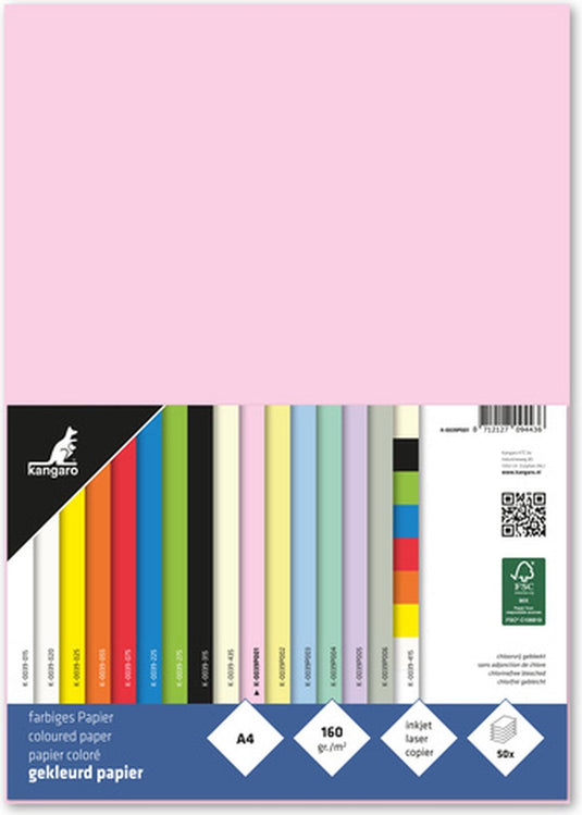 Kangaro papier - a4 - 160 gram fsc - pak 50 vel - pastel roze
