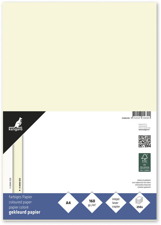 Merkloos sans marque kangaro gekleurd papier - formaat a4 - 160 grams - ivoorwit - pak 250 vel - k-0040-023